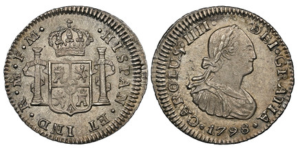 1085421 MEXICO. Charles IV. 1798/7-Mo FM AR 1/2 Real. NGC MS65.  Mexico City. CAROLUS · IIII · ... Armored bust of Charles IIII, right / IND · R · .... Crowned shield flanked by pillars with banner. KM 72; AC 282.

Please use this link to verify t...