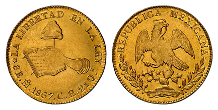 1085070 MEXICO. 1867-Mo CH AV 8 Escudos. NGC MS62.  Mexico City. 23.63gm. REPUBLICA MEXICANA. Facing eagle, snake in beak / LA LIBERTAD... Hand holding cap on stick, open book. KM 383.1; Fr.-64; Grove 5177.

Please use this link to verify the NGC ...