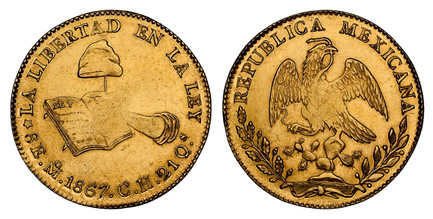 1086216 MEXICO. 1867-Mo CH AV 8 Escudos. NGC MS63.  Mexico City. REPUBLICA MEXICANA. Facing eagle, snake in beak / LA LIBERTAD... Hand holding cap on stick, open book. KM 383.1.

Please use this link to verify the NGC certification number <a href=...