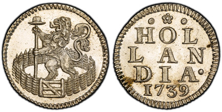 1085853 NETHERLANDS. Holland. 1739 AR Duit. PCGS MS65.  Standing lion holding spear within closed "Dutch" garden / HOL/ LAN/ DIA / date. Inscription above date. KM 80a; Verkade 57.6; CNM 2.28.126; CNM.2.28.126.

Please use this link to verify the ...