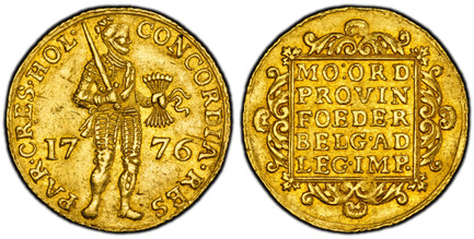 1085922 NETHERLANDS. Holland. 1776 AV Ducat. PCGS AU55.  Edge: Reeded. 3.49gm. CONCORDIA · RES  PAR · CRES · HOL ·. Armored, standing Knight holding bundle of arrows divides date without inner circle / MO:ORD:/ PROVIN./ FOEDER BELGAD/ LEGIMP. Insc...