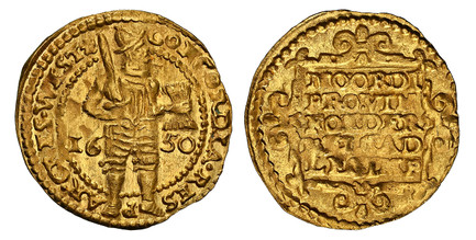 1085923 NETHERLANDS. West Friesland. 1650-Cinquefoil AV Ducat. NGC MS63.  3.45gm. CONCORDIA RES PAR - VAE - CRES(CVNT) WEST(F). Ruler standing facing divides date in dotted inner circle. / MO ORDI / ROVIN / FOE DER / BELG AD / LEG IMP. Inscription...