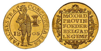 1080206 NETHERLANDS. 1805 AV 2 Ducats. NGC MS65.  Utrecht. CONCORDIA RES - PAR CRES TRA (mintmark:shield). Standing armored knight, in dotted inner circle, with sword and bundle of arrows divides date / MO:ORD:/PROVIN:/FOEDER:/BELG·AD/LEG·IMP. Ins...