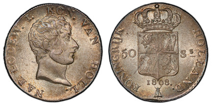 1086584 NETHERLANDS. Louis Napoleon. 1808 (Bee) AR 50 Stuivers. PCGS MS66+.  Utrecht. Edge: Slant-reeded. NAP. LODEW. I. KON... Head right / KONINGRIJK  HOLLAND. Crowned 4-fold arms divides value, date below. KM 28; Dav.-228; Sch.-148.

Please use...