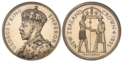 1074024 NEW ZEALAND. George V. 1935 AR Six Piece Proof Set (Threepence - Crown). PCGS PR65.  Crowned bust left / Crown above standing figures shaking hands (Crown); Crowned arms (Half Crown); Kiwi bird, left (Florin); Crouching Maori warrior, left...
