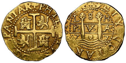1086711 PERU. Philip V. (King, 1700-1746). 1707-L H AV 8 Escudos. NGC AU55.  Lima. 26.84gm. PHILIPPVS V D · G · HISPANIARVM. Cross of Jerusalem, lions and castles in quarters / Pillars, PVA, date and mint mark. KM 38.1; Fr.-7.

Colonial Cob Coinag...