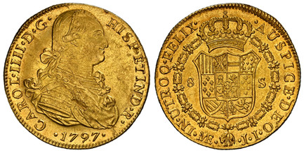 1086226 PERU. 1797-LIMAE JI AV 8 Escudos. NGC MS62.  Lima. CAROL · IIII... Bust of Charles IIII, right / VTROQ · FELIX · AUSPICE · DEO. Crowned arms in order chain. KM 101.

Currently the finest known at NGC as of January 2026

Please use this lin...