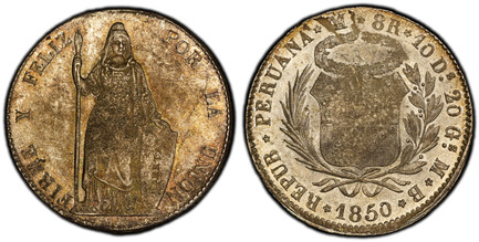 1086121 PERU. 1850-LIMAE MB AR 8 Reales. PCGS MS62.  Lima. REPUB. PERUANA... Large wreath above arms within sprigs, date below / FIRME Y FELIZ... Standing Liberty. KM 142.1. Roped edge.

Please use this link to verify the PCGS certification number...