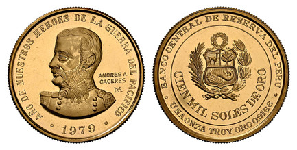 1082963 PERU. Andrés Avelino Cáceres. (President, 1886-1890 and 1894-1895). 1979- LIMA AV 100000 Soles. NGC MS67.  Lima. Edge: Milled. 35mm. 33.9gm. BANCO CENTRAL DE RESERVA DEL PERU// CIEN MIL SOLES DE ORO// UNA ONZA TROY ORO 0.9166. National arm...
