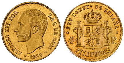 1086314 PHILIPPINES. 1882 AV 4 Pesos. NGC MS65.  Head left / Crowned arms, pillars divides value. KM 151; Calico 127; Fr.-4.

Please use this link to verify the NGC certification number <a href="https://www.ngccoin.com/certlookup/5886433-002/65/">...