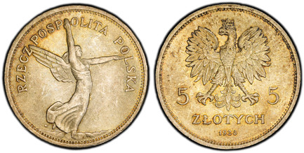 1085693 POLAND. 1928-(w) AR 5 Zlotych. PCGS MS64.  Warsaw. Edge: SALUS REIPUBLICAE SUPREMA LEX. 33mm. 18.02gm. Crowned eagle with wings open / Winged Victory right. KM Y-18.Please use this link to verify the PCGS certification number <a href="ht...