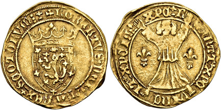 1086612 SCOTLAND. Robert III. (King, 1390-1406). (1390-1403) AV Lion of 5 Shillings. NGC AU55.  Edinburgh. 3.88gm. + ROBЄRTVS · DЄI · GRA · RЄX · SCOTTORVm (saltire and pellet stops). Small crowned heraldic shield / + XPC RЄGnAT XPC VInCIT XPC ImP...