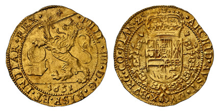 1085061 SPANISH NETHERLANDS. Flanders. 1651 AV Souverain d'Or, Lion d'Or. NGC MS62.  5.51gm. Crowned lion with sword and shield left / …BVRG. CO. FLAN. Z. Crowned shield of Philip IV in fleece collar. KM 32; Delmonte 561; Fr.-227; Vanhoudt 638 BG;...