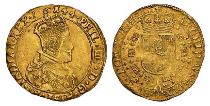 1083639 SPANISH NETHERLANDS. Tournai. 1644-(tower) AV 2 Souverain d'Or. NGC AU55.  Tournai. 11.04gm. Older bust of Philip IV in flat collar / Crowned royal shield of arms within order chain. KM 55; Fr.-396.

Please use this link to verify the NGC ...