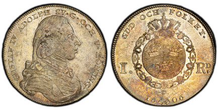 1086278 SWEDEN. Gustaf IV Adolf. 1806 OL AR Riksdaler. PCGS MS62.  GUSTAF IV... Armored bust right / Crowned, round shield within order chain, divides value and date. KM 561.

Reform Coinage.

Please use this link to verify the PCGS certification ...