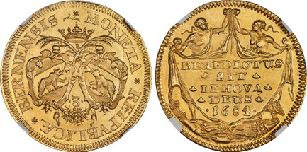 1086480 SWISS CANTONS. Bern. 1684 AV 3 Ducats. NGC MS67.  9.84gm. MONETA * REIPVBLICÆ * BERNENSIS. Crown above dual shields of arms; denomination below / BENEDICTUS/ · SIT · / · IEHOVA · / · DEUS ·. Two figures holding draped banner with inscripti...