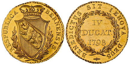 1085372 SWISS CANTONS. Bern. 1798 AV 4 Ducats. NGC MS63+ PL (Prooflike).  13.76gm. BERNENSIS RESPUBLICA. Crowned, spade arms of Bern within sprigs / BENEDICTUS SIT IEHOVA DEUS. Value, date within wreath. KM 155.2; Fr.-177; Lohner 60; D.T. 473b; HM...