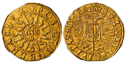 1085373 SWISS CANTONS. Geneva. 1568 AV Ecu-Pistolet. NGC MS64.  3.31gm. * GENEVA * CIVITAS *. Crowned imperial eagle with shield on breast / POST: TENEBRAS: LUX: G:. IHS in rayed circle. Fr.-249; Demole 514; HMZ 2-293g.

Please use this link to ve...