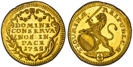 1085654 SWISS CANTONS. Zurich. 1723 AV 1/2 Ducat. PCGS MS64.  1.73gm. RESPUBLICÆ TICURINÆ ·. Oval arms of Zurich supported by rampant lion at right / DOMINE / CONSERVA / NOS IN / PACE ·. Inscription, date within ornamented cartouche. KM 139; Fr.-4...