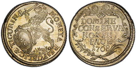 1085160 SWISS CANTONS. Zurich. 1768 AR Thaler. PCGS MS63.  40mm. 26.55gm. MONETA REIPUBLICÆ TIGURINÆ ·. Oval arms of Urich in baroque frame, supported by rampant lion at right / DOMINE/CONSERVA/NOS IN/PACE, date within cartouche, angel head above....