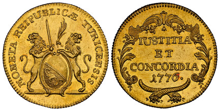 1085374 SWISS CANTONS. Zurich. 1776 AV 2 Ducats. NGC MS64.  MONETA REIPUBLICÆ TURICENSIS. Oval arms of Zurich supported by rampant lions / IUSTITIA / ET / CONCORDIA. Inscription, date above crossed cornucopias within ornamental spigs. KM 165; Fr.-...