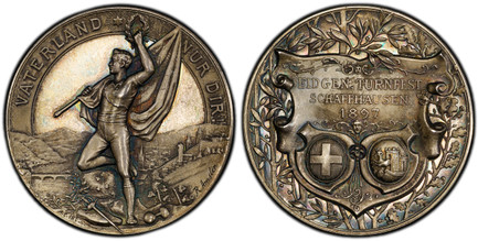 1085847 SWITZERLAND. Schaffhausen Canton. 1897 AR Medal. PCGS SP65.  By R. Amsler. Edge: Plain. 35mm. 20gm. VATERLAND NUR DIR!. Gymnast with victory wreath and flag / EID.GEN TURNFEST/ SCHAFFHAUSEN/ (date). Coat of arms and inscription on shield c...