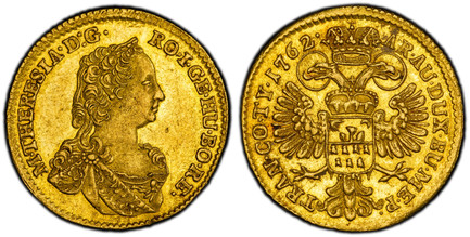 1085680 TRANSYLVANIA. Maria Theresia. (Holy Roman Empress, 1740-1780) . 1762 AV Ducat. PCGS MS61.  Karlsburg. 3.49gm. M · THERESIA · D : G · ... Bust of Maria Theresa right / TRAN · CO · TY · 1763 AR · AU · DUX · BU · ME · P ·. Crowned arms on bre...