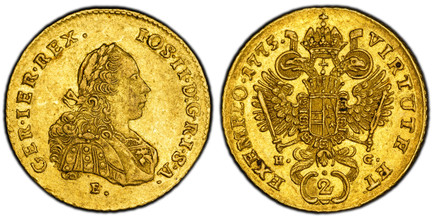 1085647 TRANSYLVANIA. Joseph II. 1775-E H-G AV 2 Ducats. PCGS AU55.  6.95gm. IOS · II · D · G · R · I · S · A · GER · IER · REX ·. Bust right / VIRTUTE · ET EXEMPLO ·. Crowned imperial double eagle, value encircled below. KM 1860; Fr.-191; Herinek...