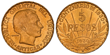 1084019 URUGUAY. 1930-(a) AV 5 Pesos. NGC MS65.  Paris. Artigas head right, L. BAZOR in left field behind neck / Date flanked by sprigs below value. KM 27.

Please use this link to verify the NGC certification number <a href="https://www.ngccoin.c...