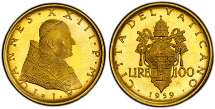 1084988 VATICAN CITY. John XXIII. 1959 / Anno I AV 100 Lire. PCGS MS67.  Bust right / Crowned shield divides value. KM 66; Fr.-292.

From a reported mintage of 3,000 pieces.

Please use this link to verify the PCGS certification number <a href="ht...