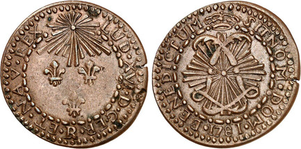 1084896 UNITED STATES, Colonial & Related. French Colonies. Louis XVI. (King, 1774-1792). 1781-R Billon Essai 3 Sous. NGC AU55.  23mm. 2.76gm. LUD. XVI. D. G. FR. (R) ET. NAV. REX. Radiant sun above three lilies / SIT NOM. DOM. (date). BENEDICTUM....