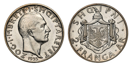 1083385 ALBANIA. Zog I. (King, 1928-1939). 1935-R AR 2 Franga Ari. NGC MS64✭.  Rome. Head right, date below / Kings Arms, value below. KM 17; Montenegro 51.

Heavy die polish; we believe this piece is a prooflike specimen striking although not cer...