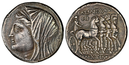 1085551 GREEK. SICILY. Syracuse. Philistis. (Wife of Hieron II, 274-216 BC). Issue of circa 240/215/4 BC. AR 16-Litrae. NGC Ch. XF (Choice Extremely Fine) Strike 5/5 Surface 4/5.  13.42gm. Diademed and veiled head left; upright spear behind / BAΣI...