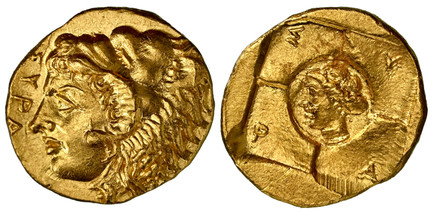 1085140 GREEK. SICILY. Syracuse. Dionysius I. (Tyrant, 405-367 BC). Struck circa 406/5 BC. AV 20 Litrae or Tetradrachm. NGC MS✭ (Mint State ✭) Strike 5/5 Surface 4/5 Fine Style.  11mm. 1.15gm. ΣYPA. Head of Heracles left, wearing lion skin headdre...