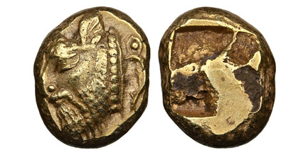 1084940 GREEK. IONIA. Phocaea (Phokaia). Struck circa 521-478 BC. EL Hecte (1/6 Stater). NGC XF (Extremely Fine) Strike 4/5 Surface 4/5.  2.57gm. Horned head of river god, left; small seal upward at right / Quadripartite incuse square. Bodenstedt ...
