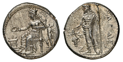 1086297 GREEK. CILICIA. Nagidus. Struck circa 400-333 BC. AR Stater. NGC MS (Mint State) Strike 4/5 Surface 5/5Die shift.  23mm. 10.74gm. Aphrodite seated left, holding phiale, and sacrificing over altar, Nike standing left behind, holding branch ...