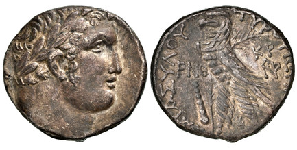 1086298 GREEK. PHOENICIA. Tyre. Circa 126/5 BC - c.65/6 AD. AR Shekel. NGC XF✭ (Extremely Fine ✭) Strike 5/5 Surface 4/5.  13.10gm. Laureate head of Melqart (Melkart) right / KAI AΣYΛOY TYPOY IEPAΣ. Eagle standing left on prow, palm on far wing; d...
