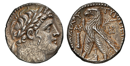 1086360 GREEK. PHOENICIA. Tyre. Struck Yr. 21 (106/5 BC). AR Shekel. NGC AU (About Uncirculated) Strike 4/5 Surface 4/5.  25mm. 14.22gm. Bust of Melkart (Melqart) right, wearing laurel wreath, [lion skin around neck] / Eagle standing left on prow;...