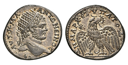 1086363 ROMAN PROVINCIAL. MESOPOTAMIA. Carrhae. Caracalla. (Emperor, 198-217 AD). Struck circa 215-217 AD. AR BI Tetradrachm. NGC Ch. MS (Choice Mint State) Strike 5/5 Surface 5/5.  25mm. 12.19gm. AYT • K • M • A • – • ANTΩNЄINOC/ CЄB. Radiate cro...