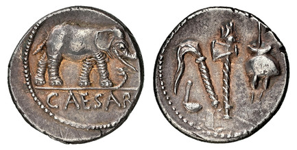 1086364 ROMAN IMPERATORIAL.  Julius Caesar. (Dictator, d. 44 BC). Struck circa 49-48 BC. AR Denarius. NGC Ch. AU (Choice About Uncirculated) Strike 4/5 Surface 5/5.  Military mint traveling with Caesar in northern Italy (April-August 49 BC). 17mm....