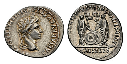 1086304 ROMAN IMPERIAL.  Augustus. (Emperor, 27 BC-14 AD). Struck 2 BC - 12 AD. AR Denarius. NGC Ch. XF (Choice Extremely Fine) Strike 4/5 Surface 4/5.  Lugdunum. 3.79gm. CAESAR AVGVSTVS DIVI F PATER PATRIAE. Head of Augustus, laureate, right / C ...
