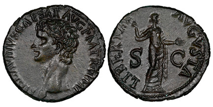 1086559 ROMAN IMPERIAL.  Claudius. (Emperor, 41-54 AD). Struck 41-54 AD. AE As. NGC MS (Mint State) Strike 4/5 Surface 4/5.  Rome. 28mm. 11.04gm. TI CLAVDIVS CAESAR AVG P M TR P IMP. Bare head of Claudius I, left / LIBERTAS – AVGVSTA. Libertas sta...