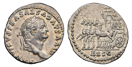 1084947 ROMAN IMPERIAL.  Vespasian. (Emperor, 69-79 AD). Struck 80-81 AD. AR Denarius. NGC AU (About Uncirculated) Strike 4/5 Surface 4/5Flan flaw.  Rome. 3.56gm. DIVVS AVGVSTVS VESPASIANVS. Head of Divus Vespasian, laureate, right / EX SC. Quadri...