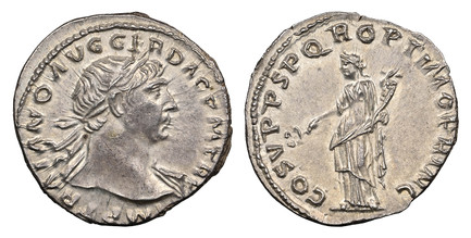 1084951 ROMAN IMPERIAL.  Trajan. (Emperor, 98-117 AD). Struck 98-117 AD. AR Denarius. NGC AU (About Uncirculated) Strike 4/5 Surface 4/5.  Rome. 3.29gm. IMP TRAIANO AVG GER DAC P M TR P. Laureate and draped bust right / COS V P P SPQR OPTIMO PRINC...