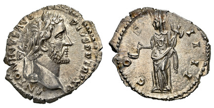 1086366 ROMAN IMPERIAL.  Antoninus Pius. (Emperor, 138-161 AD). Struck 151-152 AD. AR Denarius. NGC Ch. MS (Choice Mint State) Strike 5/5 Surface 5/5.  Rome. 18mm. 3.49gm. ANTONINVS AVG PIVS P P TR P XV. Head of Antoninus Pius, laureate, right / C...