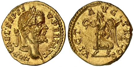 1085165 ROMAN IMPERIAL.  Septimius Severus. (Emperor, 193-211 AD). Struck 193-194 AD. AV Aureus. NGC Ch. AU (Choice About Uncirculated) Strike 5/5 Surface 5/5.  Rome. 20mm. 7.31gm. IMP CAE·L·SEP·SE – V·PERT AVG. Laureate head, right / VICT A-VG TR...