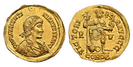 1084968 ROMAN IMPERIAL. WESTERN ROMAN EMPIRE. Visigoths in Gaul. In the name of Valentinian III. (Western Roman Emperor, 425-455 AD). Struck circa 461 AD. AV Solidus. NGC MS (Mint State) Strike 4/5 Surface 5/5.  Uncertain Gaulish Mint Imitating Ra...