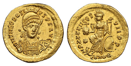 1084961 BYZANTINE.  Theodosius II. (Eastern Roman Emperor, 402-450 AD). Struck circa 441 AD. AV Solidus. NGC MS (Mint State) Strike 5/5 Surface 4/5.  Constantinople mint. 21mm. 4.48gm. Pearl-diademed, helmeted, and cuirassed bust facing slightly r...