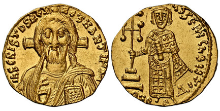 1085707 BYZANTINE.  Justinian II. (Emperor, first reign, 685-695 AD). Struck 668-685 AD. AV Solidus. NGC MS (Mint State) Strike 4/5 Surface 5/5.  Constantinople, 4th officina. 4.45gm. d N IhS ChS REX RGNANTIXM. Bust of Christ facing, raising hand ...