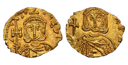 1084964 BYZANTINE.  Constantine V. (Emperor, 740/1-775 AD). Struck 720-740/1 AD. AV Tremissis. NGC MS (Mint State) Strike 4/5 Surface 5/5.  Syracuse. 1.26gm. O L – CON. Bust of Constantine V, bearded, facing, wearing a crown and chlamys, holding a...